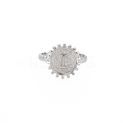 Non-Tarnish 304 Stainless Steel Flat Round with Initial Letter Open Cuff Ring for Men Women RJEW-S405-246P-I-1