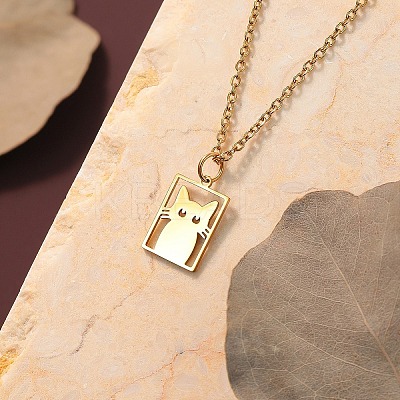 304 Stainless Steel Laser Cut Rectangle with Cat Shape Pendant Necklaces FS-WGDBF09-01-1