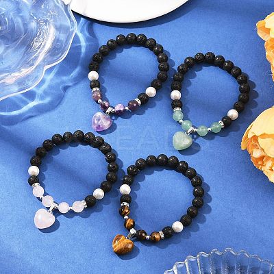 4Pcs Natural Mixed Gemstone Heart Charms Bracelets BJEW-JB12402-1
