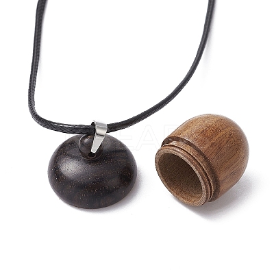 Acorn Shape Wood Locket Pendant Necklace with Wax Cords NJEW-JN04485-1