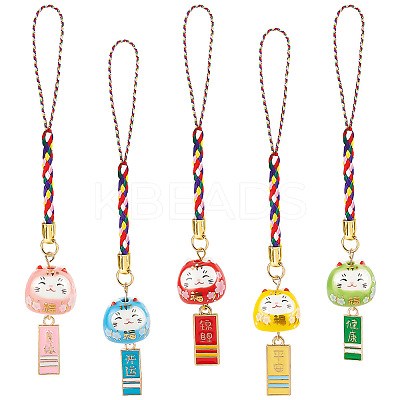 5pcs 5 styles Ceramic Lucky Cat Small Pendant Mobile Phone Decoration HJEW-GO0001-08-1