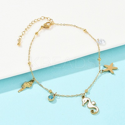 304 Stainless Steel Pave Deep Sky Blue Cubic Zirconia Enamel Sea Horse Starfish Conch Charm Anklets for Women AJEW-G069-03G-1