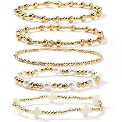 5Pcs 5 Styles Brass & Resin Imitation Pearl Round Beads Stretch Jewelry for Women YN2620-1-1