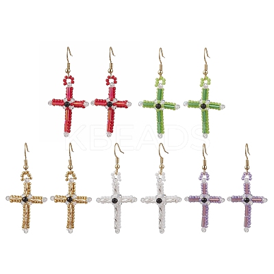 Cross Glass Beaded Dangle Earrings EJEW-MZ00706-1