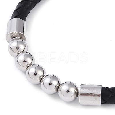 304 Stainless Steel Round Beads Leather Cord Bracelets BJEW-A009-02P-1
