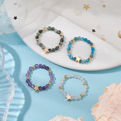 Round Natural Apatite & Green Aventurine & Amethyst & Moss Agate Beads Stretch Rings for Women RJEW-JR00714-02-1