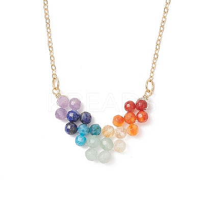 7 Chakra Natural Mixed Stone Faceted Round Beaded Arrow Pendant Brass Cabel Chain Necklaces NJEW-TA00206-1