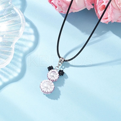 Glass Seed Beads & Glass Pearl Round Beaded Bear Pendant Waxed Cotton Cord Necklaces for Women Men NJEW-MZ00126-1