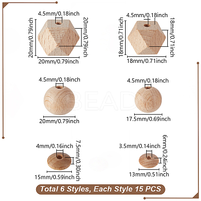 90Pcs 6 Styles Unfinished Wood European Beads WOOD-GA0001-85-1