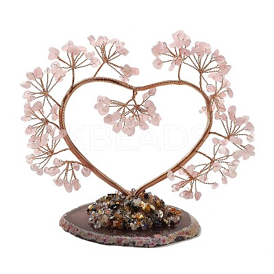 Natural Rose Quartz Chips Love Heart Tree Decorations DJEW-P017-B04-1