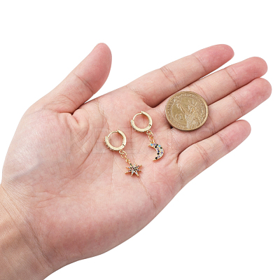 Star and Moon Asymmetrical Dangle Hoop Earrings EJEW-JE04031-01-1