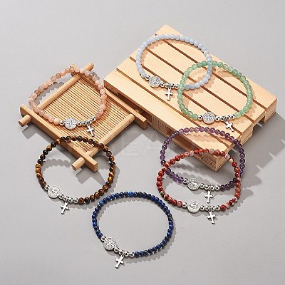 7Pcs 7 Style Natural Mixed Gemstone & Alloy Saint Benedict Medal Beaded Stretch Bracelets Set BJEW-JB08877-1