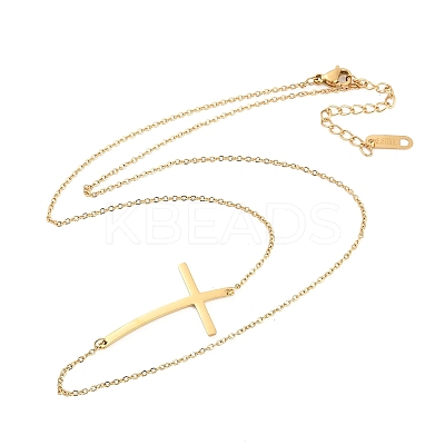 Ion Plating(IP) 304 Stainless Steel Religion Curved Cross Pendant Cable Chain Necklaces for Women NJEW-P320-13G-1