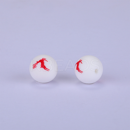 Printed Round with Deer Pattern Silicone Focal Beads SI-JX0056A-131-1