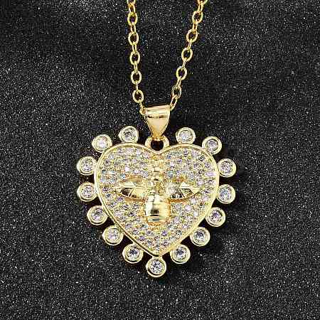 Brass Micro Pave Clear Cubic Zirconia Bee Heart Pendant Necklaces for Women NJEW-D311-01C-G-1