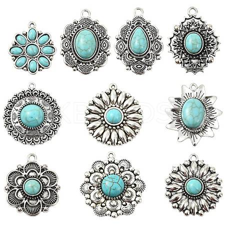 20Pcs 10 Styles Alloy Pave Synthetic Turquoise Pendants FIND-CJ0004-29-1