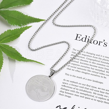 201 Stainless Steel Flat Round with Boy Pendant Box Chain Necklaces for Women Men LS-NJEW-R013-05P-1