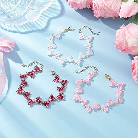 3Pcs 3 Colors Glass Seed Beads Bowknot Link Bracelets for Women BJEW-MZ00220-1