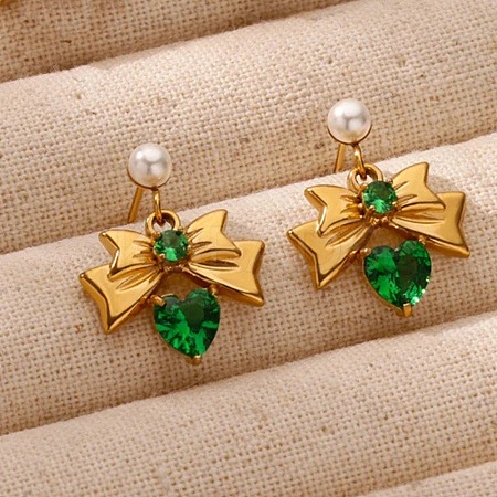 304 Stainless Steel Micro Pave Cubic Zirconia Bowknot Dangle Stud Earrings LS-EJEW-U065-03G-02-1