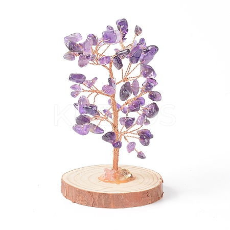 Natural Amethyst Chips with Brass Wrapped Wire Money Tree on Wood Base Display Decorations DJEW-B007-05B-1
