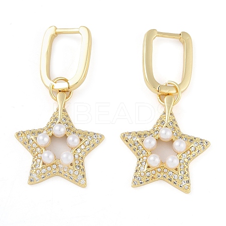 Brass Micro Pave Clear Cubic Zirconia ABS Pearl Hoop Earrings for Women EJEW-S225-17G-1