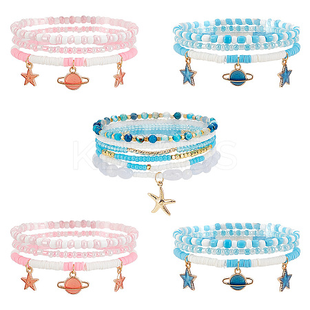 5 Sets 3 Style Glass Seed & Polymer Clay Beaded Stretch Bracelets Set BJEW-PH0004-24-1