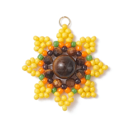 Round Natural Tiger Eye and Glass Seed Beaded Pendants PALLOY-MZ01135-1