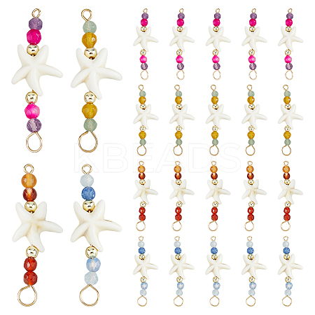 24Pcs 4 Colors Summer Beach Dyed Synthetic Turquoise Starfish & Natural Mixed Stone Faceted Round Beaded Connector Charms PALLOY-FH00159-1
