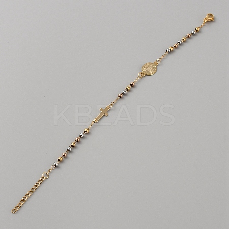 304 Stainless Steel Jesus & Cross Link Bracelet with 201 Stainless Steel Beaded Chains BJEW-WH0012-20C-1