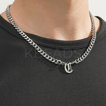 304 Stainless Steel Initial Pendant Cuban Link Chain Necklaces FS-WGB15F2-02-1