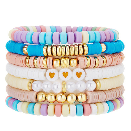7Pcs Heart Pattern Polymer Clay & Plastic Pearl & CCB Plastic Beaded Stretch Bracelet Set for Women FS-WG634BB-21-1