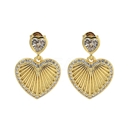 Heart Brass Pave Clear Cubic Zirconia Stud Earrings EJEW-N054-41G-1