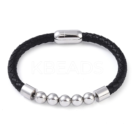 304 Stainless Steel Round Beads Leather Cord Bracelets BJEW-A009-02P-1