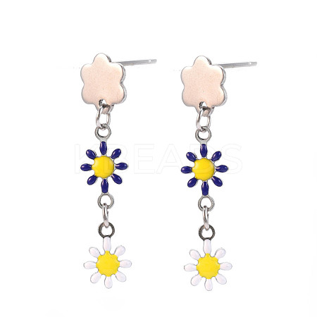 Enamel Flower Long Dangle Stud Earrings EJEW-N049-04B-1