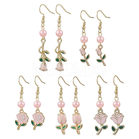 Valentine's Day Alloy Enamel Flower Dangle Earrings EJEW-JE06273-02-1