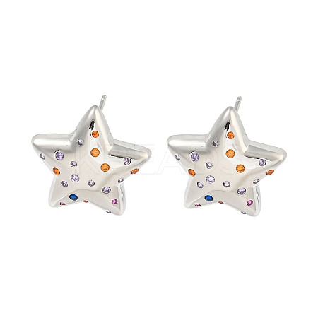 Rack Plating Brass Micro Pave Clear Cubic Zirconia Stud Earring EJEW-C102-07P-02-1
