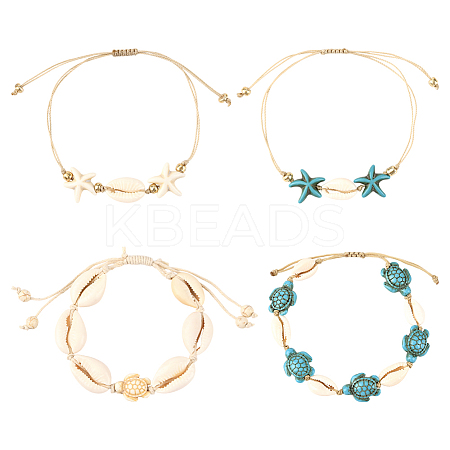 4Pcs 4 Style Natural Shell & Synthetic Turquoise Braided Bead Bracelets BJEW-SC0001-54-1