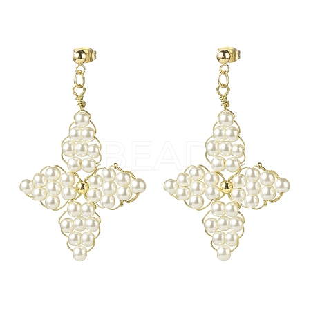 Glass Pearl Braided Star Stud Earrings EJEW-JE04982-02-1