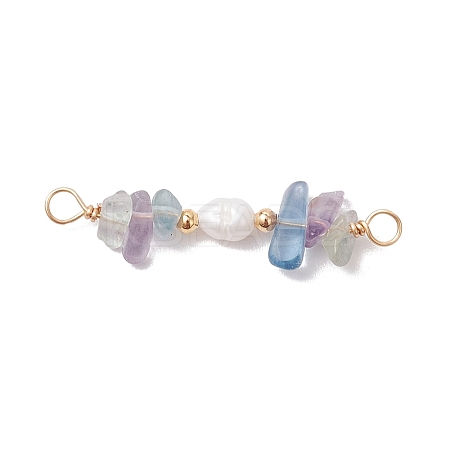 Natural Fluorite Chip & Natural Cultured Freshwater Pearl Rice Beaded Connector Charms PALLOY-JF03707-06-1