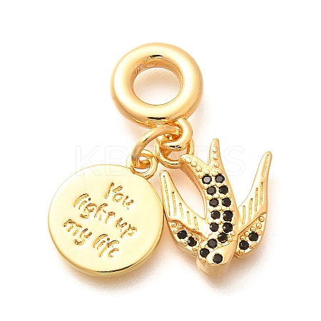 Brass Cubic Zirconia Flat Round & Swallow European Dangle Charms KK-U048-19G-1