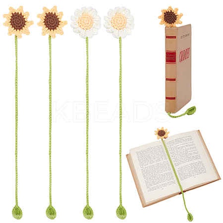 4Pcs 2 Styles Woolen Yarn Crochet Plant Bookmarks AJEW-CP0007-94-1