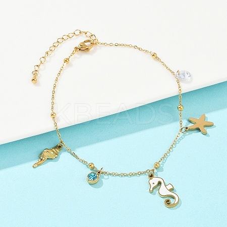 304 Stainless Steel Pave Deep Sky Blue Cubic Zirconia Enamel Sea Horse Starfish Conch Charm Anklets for Women AJEW-G069-03G-1