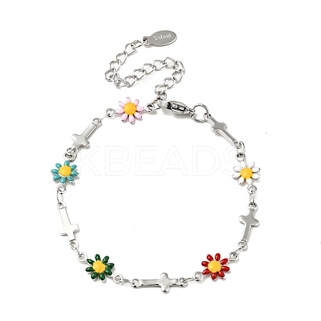 Enamel Flower & Cross Link Chain Bracelet BJEW-C023-01P-01-1