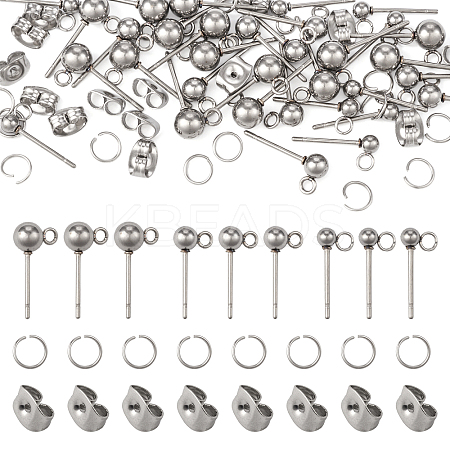 90Pcs 3 Size 202 Stainless Steel Ball Stud Earring Findings STAS-TA0002-22-1