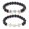 2Pcs 2 Style Skull & Cross & Round Natural & Synthetic Mixed Gemstone Beaded Stretch Bracelets Set BJEW-JB09519-1