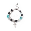 Natural & Synthetic Mixed Stone Beaded Bracelet with Cross Charm BJEW-TA00184-03-1