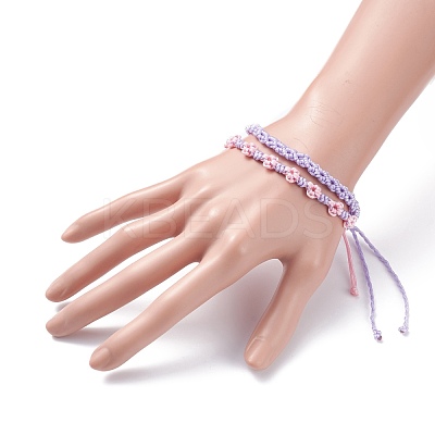 2Pcs 2 Colors Peach Blossom Braided Cord Bracelet BJEW-JB07610-05-1