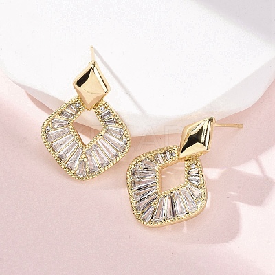 Rhombus Brass Micro Pave Clear Cubic Zirconia Dangle Stud Earrings EJEW-F373-02G-1