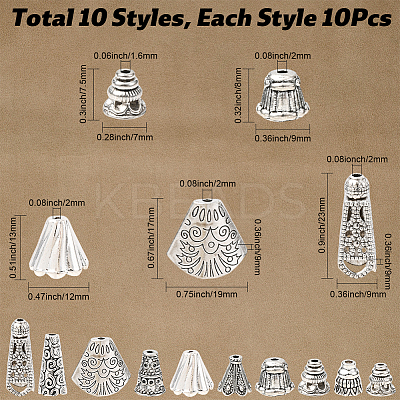 100Pcs 10 Styles Tibetan Styles Alloy Bead Cone & Caps FIND-SP0020-73C-1