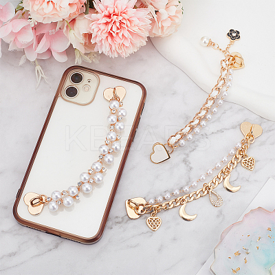 3Pcs 3 Style Pearl Plastic Beads Charms Link Chain Phone Case Double Chain Strap Set AJEW-WR0001-42-1